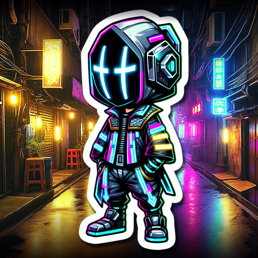 sticker-A dark, neon-lit alley with an anime character in cyberpunk attire-anime stickers-1733082519820